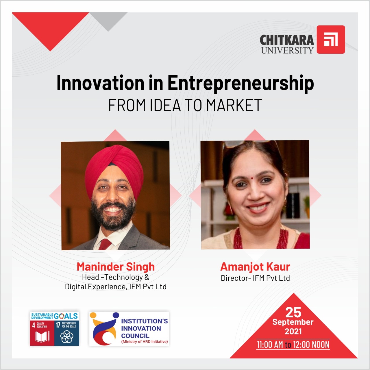 Innovation in Entrepreneurship from Idea to Market in association with Chitkara University , Institution's Innovation Council, IIT Delhi 